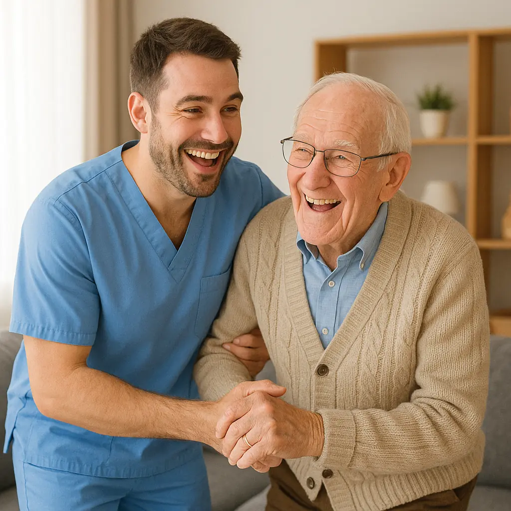 Caregiver sorridente che supporta un anziano felice in salotto, simbolo di assistenza e benessere anziani nella vita quotidiana